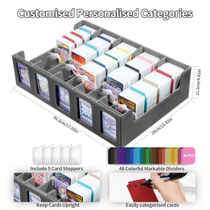 Trading Card Storage Box with Commander Display, 5-Row Deck Case with Removable Lid, 3900+ Cards Deck Case with 48 Colorful Dividers, Magic Card Organizer for TCG PTCG, Black Grey