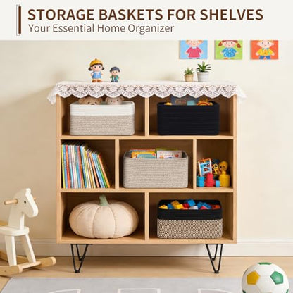 Goodpick 4 Pack Storage Baskets for Organizing Shelves, Light Brown & White | 13" x 8" x 6" Woven Rope Baskets for Baby Toys & Diapers, Decorative Gift Basket for Home & Nursery, Rectangle Design