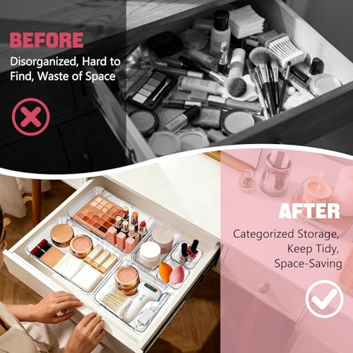 21 PCS Extendable Drawer Organizer Set Clear Stackable Vanity Storage Bins | 3-Size BPA-Free Acrylic Trays, Non-Slip Durable Boxes for Makeup Cosmetics Office Desk Utensils Bathroom Dresser Countertop