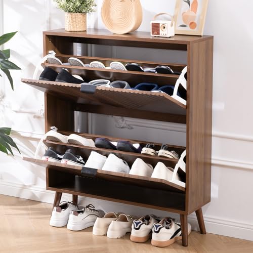 Shoe Cabinet Storage, Farmhouse Freestanding Organizer with 2 Flip Drawers and 4 Wooden feet, Narrow Shoe Rack Cabinet for Entryway, Foyer, Hallway, Walnut