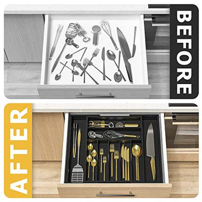 Utensil Organizer Silverware Drawer Organizer - Bamboo Expandable Cutlery Tray with Dividers for Utensil Holder Office Storage Makeup Desk Drawer Tool Organization W13.5"-19.5" x L17.5" x H2.5"(Black) | Expandable
