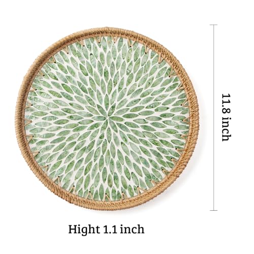 Round Rattan Tray with Mother of Pearl Inlay, Wooden Base | Coffee Table Serving Tray, Home Decorative Wicker Woven, for Outoor Patio Decor
