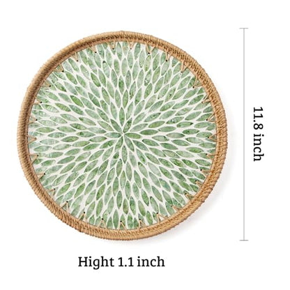 Round Rattan Tray with Mother of Pearl Inlay, Wooden Base | Coffee Table Serving Tray, Home Decorative Wicker Woven, for Outoor Patio Decor