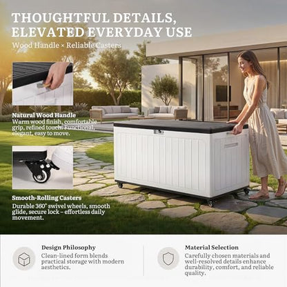 YITAHOME 90 Gallon Outdoor Storage Box with 6 Swivel Wheels & Dual Wooden | Large Double-Wall Resin Deck Box, Lockable Waterproof Patio Organizer for Furniture, Cushions, White & Black