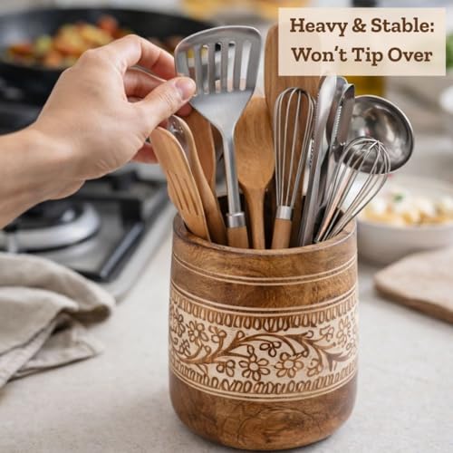 Mie Creations Farmhouse 7'' Large Wooden Utensil Holder, White Floral | Natural Mango Wood, Handcrafted Design, Cooking Spatula Organizer for Kitchen Counter, Holds 15 Utensils, Christmas Decor