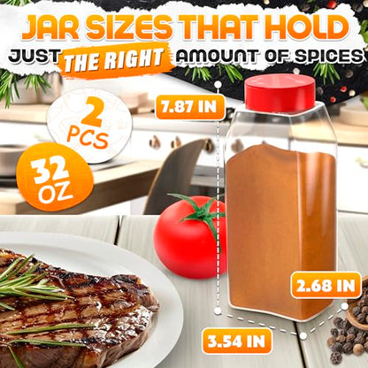 Large Seasoning Shaker Set of 2, 32 Oz Airtight Wide Mouth, Dual Lid