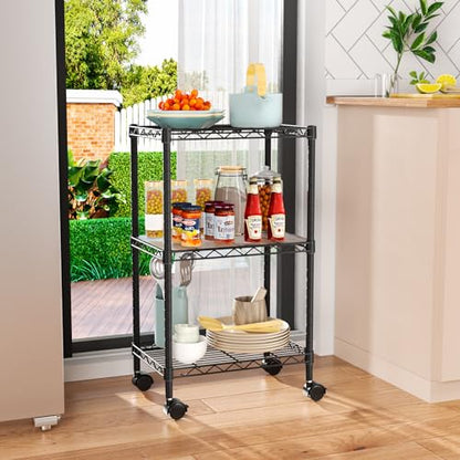 Small Shelves Storage Wire Metal Adjustable Shelf Unit with Wheels | 3 tier Shelving Organizers Storage Shelving for Bathroom Laundry Room Kitchen Pantry 11.7”D x 17.7”W x 30.7”H Black