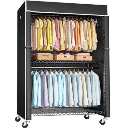 Black Clothing Rack with Black Cover, P1C Plus Rolling Closet | Metal Garment Rack with Wheels for Hanging Clothes, Portable Clothing Storage Wardrobe