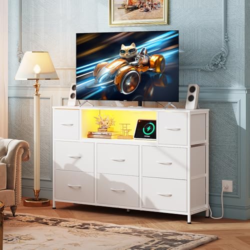 WLIVE LED Dresser TV Stand for 55 Inch TV, 8 Drawers, White | Fits TVs up to 55 inch, 8 fabric drawers, LED chest of drawers, Built-in power outlet, Living room or bedroom