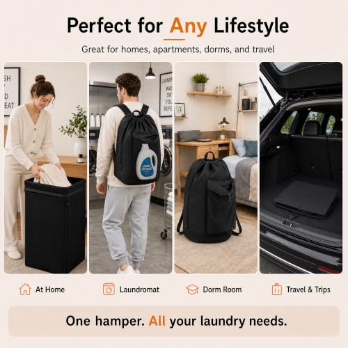 Foluck 60L 2-in-1 Laundry Hamper with Waterproof Laundry Backpack | Versatile Inner Bag with Shoulder Strap, Mesh Pocket, Internal Zippered Pouch, Hamper with Foot Strap and Lid for Dorm Travel