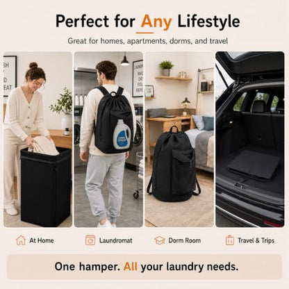 Foluck 60L 2-in-1 Laundry Hamper with Waterproof Laundry Backpack | Versatile Inner Bag with Shoulder Strap, Mesh Pocket, Internal Zippered Pouch, Hamper with Foot Strap and Lid for Dorm Travel