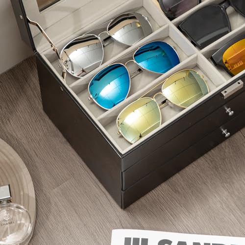 ProCase 3-Layer Sunglasses Storage Organizer -Black | 18-Slot Leather Sunglass Box Case, Holds Eyeglasses, Sunglasses & Eyewear, Great Valentine's Gift for Men & Women