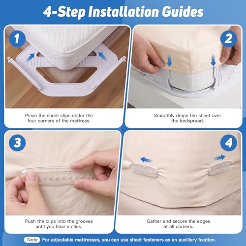 FACIACC 4Pcs Bed Sheet Holder for Corners, Upgrade Fitted Sheet Holder | with Lock Strips, 2Pcs Non-Slip Sheet Clips, Keep Sheets Firm & Tight Fitted All Mattress Sizes Easy Installation