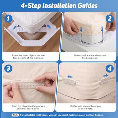 FACIACC 4Pcs Bed Sheet Holder for Corners, Upgrade Fitted Sheet Holder | with Lock Strips, 2Pcs Non-Slip Sheet Clips, Keep Sheets Firm & Tight Fitted All Mattress Sizes Easy Installation