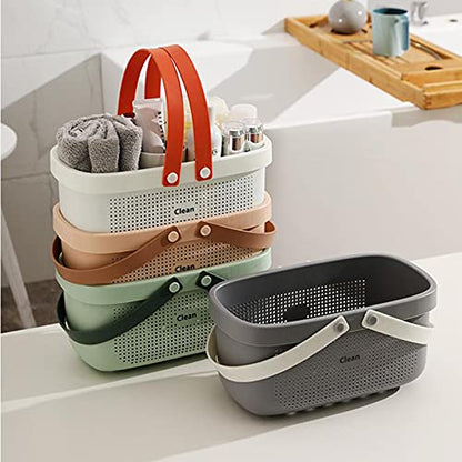 Plastic Storage Basket with Handle Portable Shower Caddy Tote Organizer Basket Bin for Bathroom Kitchen Dorm Room Bedroom, Gray | Sturdy Drainage Large Capacity Organizer Basket with Silicone Handles for Bathroom Kitchen Bedroom College Dorm Essentials