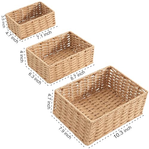 Small Wicker Basket for Organizing, Woven Storage Basket Sets of 3 | Handwoven Natural Paper Rope Baskets to Declutter Any Room, Perfect for Organizing and Home Decor