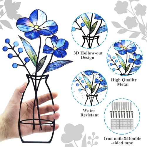 3 Pcs Metal Vase Wall Arts,Iron Art Painting,Rustic Farmhouse Decor Minimalist Flower Wall Decor for Bedroom Bathroom Living Room Dining Room(Blue, Vase-D)