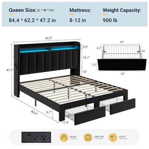 Allewie Queen Bed Frame with 2-Tier Storage Headboard & 2 Large Drawers