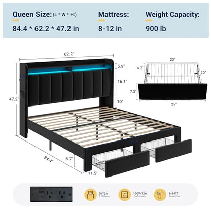Allewie Queen Bed Frame with 2-Tier Storage Headboard & 2 Large Drawers