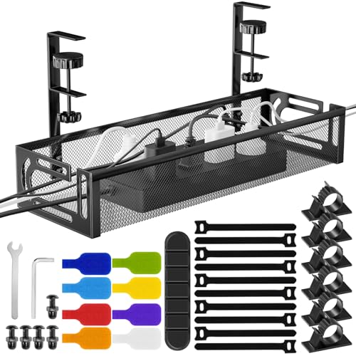 No Drill Under Desk Cable Management Tray, SONATURE 15.7" Cord Organizer for Table, Clamp Mount Desk Cable Management, Premium Carbon Steel Cable Organizer for Office, Home (Black)