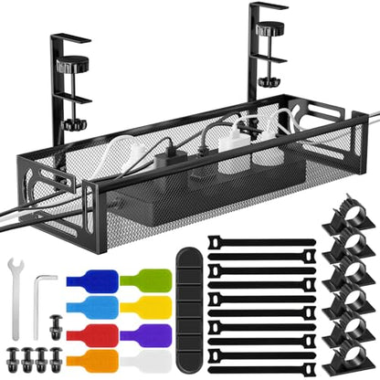 No Drill Under Desk Cable Management Tray, SONATURE 15.7" Cord Organizer for Table, Clamp Mount Desk Cable Management, Premium Carbon Steel Cable Organizer for Office, Home (Black)