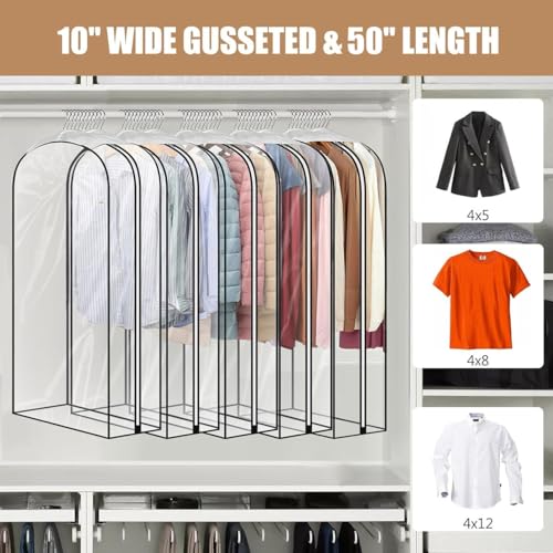 5 Pack 60" All Clear Garment Bags for Hanging Clothes Storage, 10" Gusseted Large Capacity Garment Rack Cover, Large Hanging Clothing Bag for Dress Gowns, Coats, Suit, Down Jacket