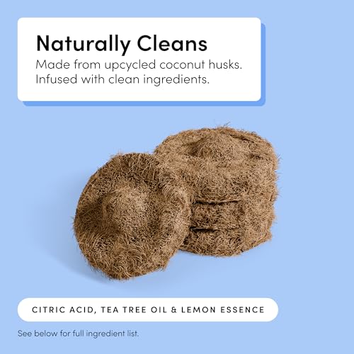 TUSHY Toilet Brush 2.0 Set with Holder, 8 Coconut Husk Scrubbing Pads | Cleanser-Infused and Disposable, Planet Friendly Refills in Lemon and Tea Tree Scents