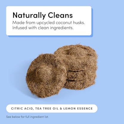 TUSHY Toilet Brush 2.0 Set with Holder, 8 Coconut Husk Scrubbing Pads | Cleanser-Infused and Disposable, Planet Friendly Refills in Lemon and Tea Tree Scents