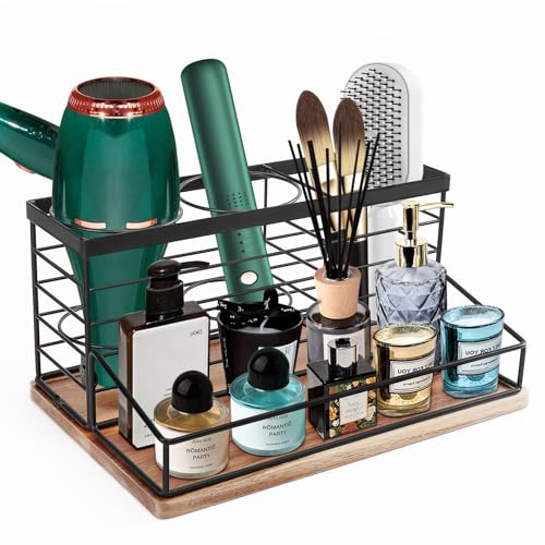 Hair Tool Organizer, Movable Hair Dryer Holder, Hair Styling Tools Storage for Vanity, Bath Counter Organizer, Bathroom Trays for Hair Toiletry, Makeup (12" x 7.7" x 5.8", Wood-Black)