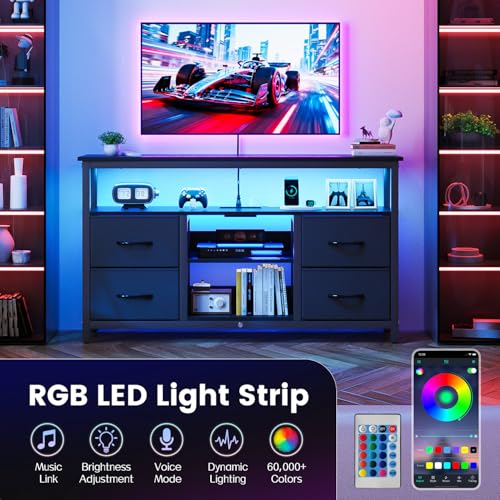 Haewon TV Stand with LED Lights and Power Outlets, for 55 inch TV, Black | Console Table with 4 Fabric Drawers, Open Shelf, 2 USB Ports, Sturdy Metal Frame with Wood Top, Modern Style for Living Room
