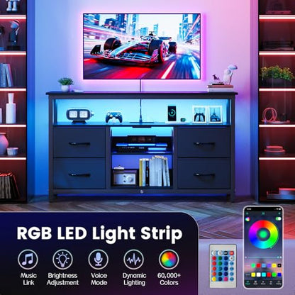 Haewon TV Stand with LED Lights and Power Outlets, for 55 inch TV, Black | Console Table with 4 Fabric Drawers, Open Shelf, 2 USB Ports, Sturdy Metal Frame with Wood Top, Modern Style for Living Room