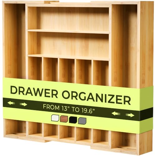 ROYAL CRAFT WOOD Luxury Bamboo Kitchen Drawer Organizer - Silverware Organizer, Utensil Holder & Cutlery Tray Drawer Dividers for Flatware (9 Slot, Natural)