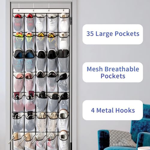 35 Pockets Over the Door Shoe Organizer, Hanging Shoe Organizer for Door with 35 Mesh Pockets Large Capacity Shoe Hanging Storage Bag with 4 Metal Hooks (White-1Pack)