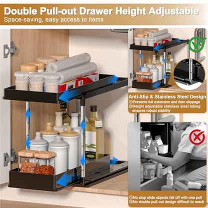 NIUXX Expandable Under Sink Organizer: 2 Tier Height Adjustable | Under Cabinet Organizer - Double Pull Out Shelf Under Sink Storage for Kitchen - Bathroom and Laundry Room - Space Saving