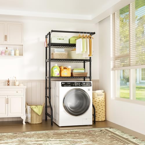U11 Over Washer and Dryer Shelves, 3 Tiers Laundry Room Storage and Organizer Standing Shelf, Metal Freestanding Clothes Drying Rack, 33.9" W x 19.7" D x 77.6" H, Black