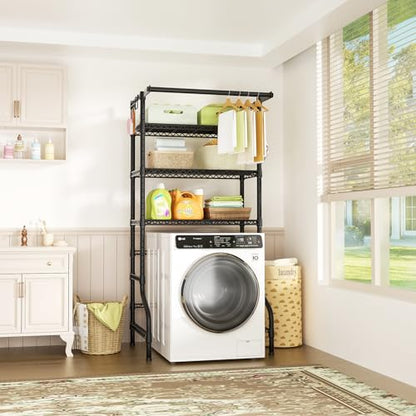 U11 Over Washer and Dryer Shelves, 3 Tiers Laundry Room Storage and Organizer Standing Shelf, Metal Freestanding Clothes Drying Rack, 33.9" W x 19.7" D x 77.6" H, Black