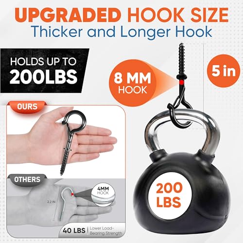 [HEAVY-DUTY] 250Lbs 5’’ M8 Q-Hanger Hook with Safety Buckle & Washer, 4Pcs | Black Windproof Screw Hooks for Hanging Plant with Expansion Tubes, Screwdriver, Hanging Outdoor String Light Christmas Patio
