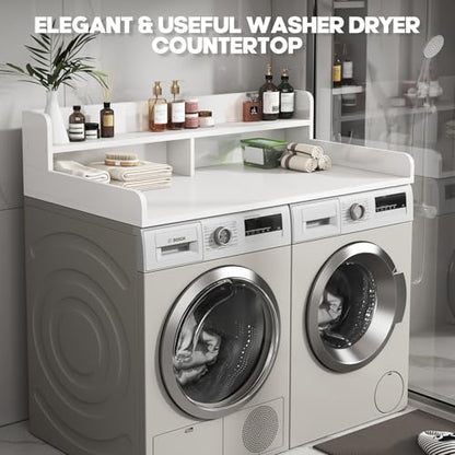 2-Tier Washer and Dryer Countertop with 2.75" H Guard,54" W x 27.5" D Laundry Countertop Cover with Non-Slip Pad,Large Space Laundry Topper for Folding Clothes Over Washer and Dryer-White