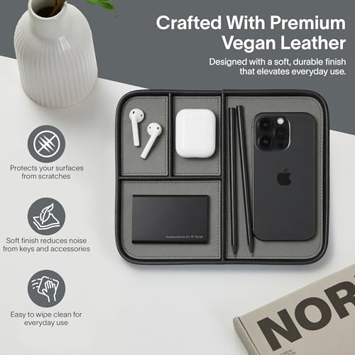 Nordik Leather Valet Tray - Medium EDC Tray - Pebble Black (9.5 x 7.9 in) | Premium Vegan Leather with Two-Toned Design, Includes Four Compartments, Giftable, Catchall Tray for Keys Watch and Jewellery