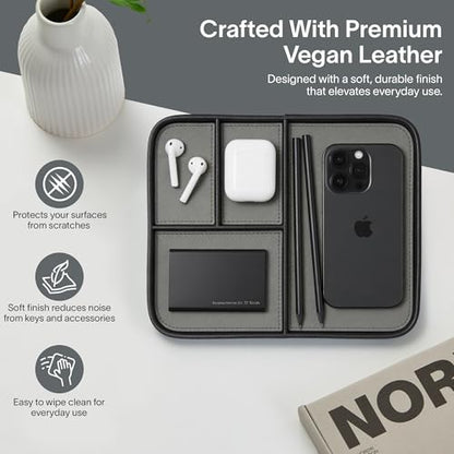 Nordik Leather Valet Tray - Medium EDC Tray - Pebble Black (9.5 x 7.9 in) | Premium Vegan Leather with Two-Toned Design, Includes Four Compartments, Giftable, Catchall Tray for Keys Watch and Jewellery