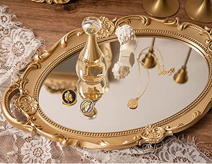 Sooyee Decorative Gold Mirror Tray with Handle 14" x 9.8" | Vintage Tray for Bathroom Vanity, Dessert & Coffee Table, Jewelry, Perfume, Makeup Organizer Display Tray,Home Decor