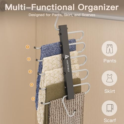 4 Pack Pants Hangers Space Saving,Closet Hanger Space Saver,Black | Stainless Steel , 5 Multi Tiers,Compact Hanging Jeans Organizer,Vertical Pant Rack for Jean Leggings Trousers,Scarf