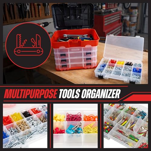 Portable Tool Storage Box - Small Parts Organizer with 4 Multi-Compartment Trays for Fishing Tackle, Hand Tools, or Craft Supplies by Stalwart