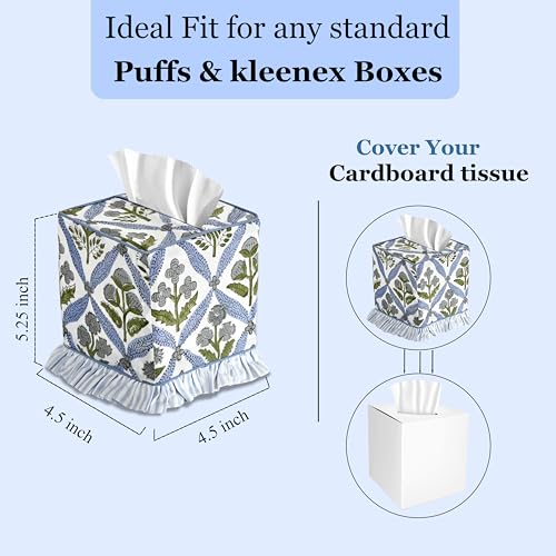 Light Steel Blue Block Print Ruffle Tissue Box Cover Handmade Cotton Decorative Square Napkin Holder for Home Bedroom Living Room Bathroom Vanity Countertop Car Office Kitchen