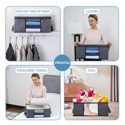 VENO 3 Pack Medium Clothes Storage Bag with Reinforced Handle 9.5 Gallon | Thick Container Bins Organizer for Blankets, Comforters, Bedding, Foldable w/ Sturdy Zipper, Clear Window, Grey(9.5 Gallon)