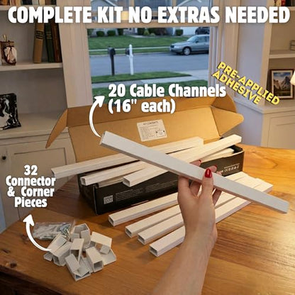Cord Cover Full Kit, 26ft/315in Self-Adhesive Cable Raceway, 20 Snap-On Channels, Wire Hider for TV, HDMI & Speaker Cables, Includes Connectors & Corners, Paintable Cable Management, White