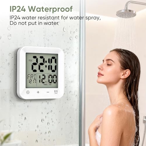 Bathroom Clock Waterproof Shower Timer, Digital Wall Clock with Countdown, Touch Screen, LCD Display, Temperature, Suction Cup/Hanging Hole/Stand, Spa Sauna I White