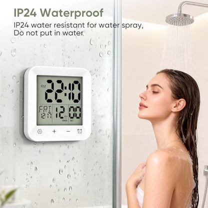 Bathroom Clock Waterproof Shower Timer, Digital Wall Clock with Countdown, Touch Screen, LCD Display, Temperature, Suction Cup/Hanging Hole/Stand, Spa Sauna I White