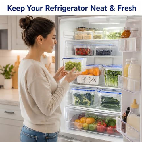 3 Pcs Fruit Storage Containers for Fridge, Produce Storage Containers with Removable Colander Basket & Airtight Lid, BPA-free food storage containers, for Fruits, Vegetables & Meat