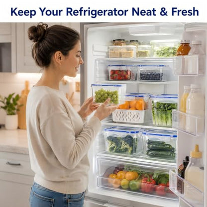 3 Pcs Fruit Storage Containers for Fridge, Produce Storage Containers with Removable Colander Basket & Airtight Lid, BPA-free food storage containers, for Fruits, Vegetables & Meat